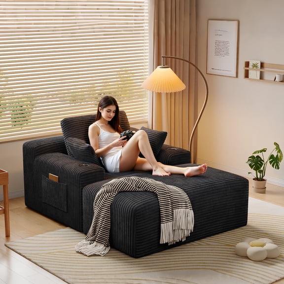 CHORRO66" Boneless Reading Chair with Lounges Chaise Indoor, Corduroy Cloud Couch with 1 Ottoman, Upholstered Sleeper Sofa Bed with Wide Armrest and 3 Pillows for Living Room,Reading Room (Black)