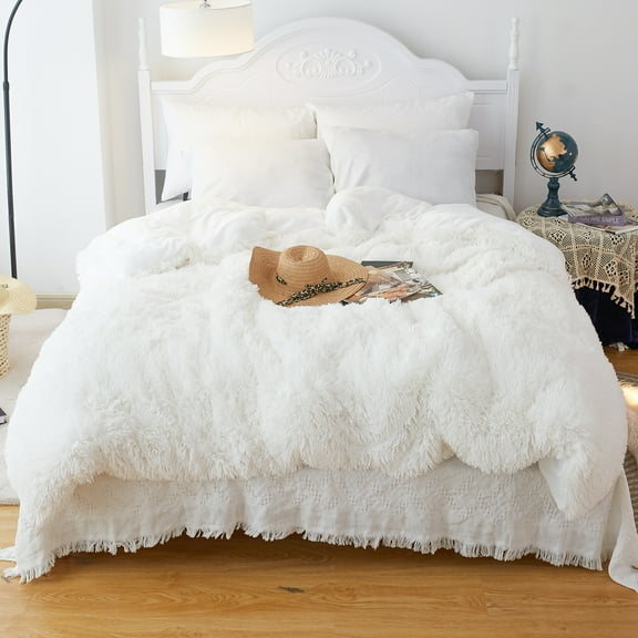 CHOSHOME 3 Pieces Luxury Plush Shaggy Faux Fur Duvet Cover Set 3 Pieces,Twin Size, White