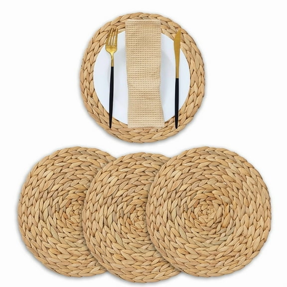 CHOSHOME 4 Pack Natural Water Hyacint Round Woven Placemats, Braided Straw Table Mats for Dining Table, 11.8"