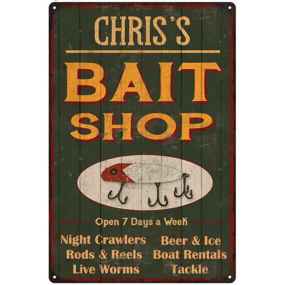 CHRIS'S Green Bait Shop Man Cave 8 x 12 Matte Finish Metal 108120027099