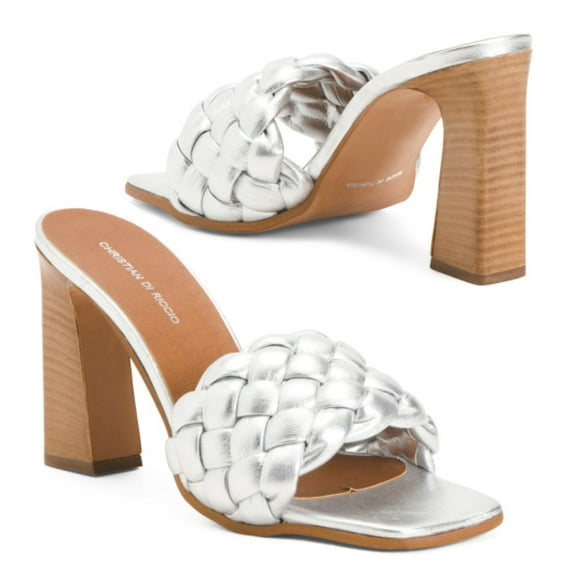 CHRISTIAN DI RICCIO Women's Braided Band Slip-on Stacked Heel Sandals (Silver, 39)