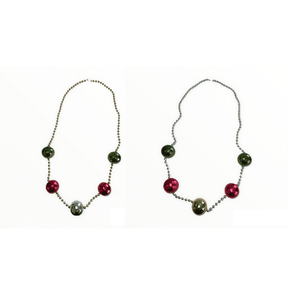 CHRISTMAS BEADED Holiday Ornament Disco Balls Necklace Santa Elf; 16.9" Gold Beaded Chain; Set of 2 Necklaces