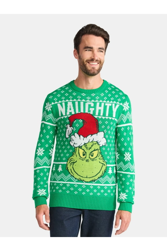 Grinch Naughty Men's and Big Men's Holiday Ugly Christmas Sweater, Sizes XS-3XL