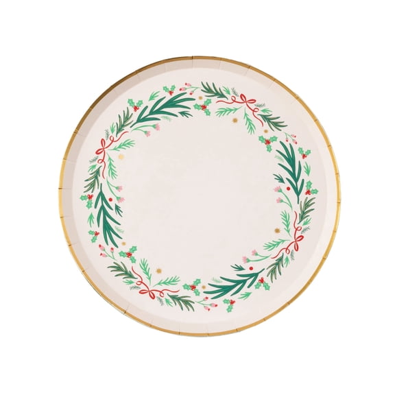 Bonjour Fte Holiday Wreath Small Paper Dessert Plates, Disposable Party Supplies, 8 Count, 8 Inch, Christmas
