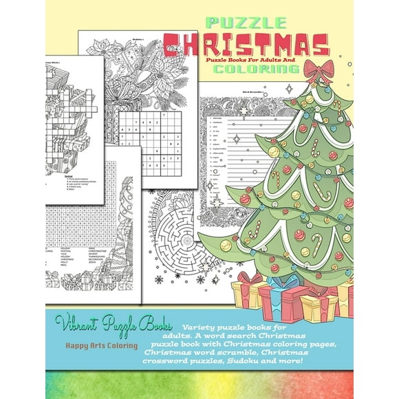 CHRISTMAS puzzle books for adults and coloring. Variety puzzle books for adults. A word search Christmas puzzle book with Christmas coloring pages, Christmas word scramble, Christmas crossword puzzles