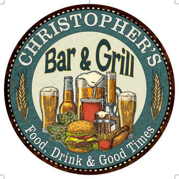 CHRISTOPHER'S Bar and Grill 14" Round Metal Sign Kitchen Wall Decor 100140023500