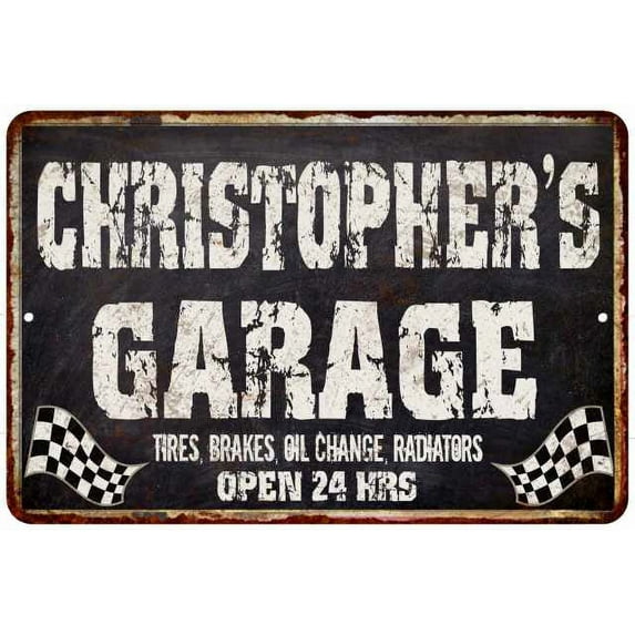 CHRISTOPHER'S Garage Black Grunge Sign 12 x 18 Matte Finish Metal 112180005499