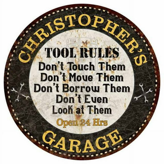 CHRISTOPHER'S Garage Rules 12" Round Metal Sign Garage Bar Dcor 200120013500