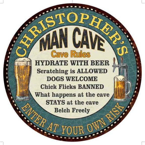 CHRISTOPHER'S Man Cave Rules 14" Round Metal Sign Garage Decor 100140009500