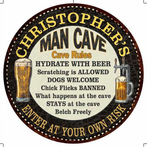 CHRISTOPHER'S Man Cave Rules 14" Round Metal Sign Garage Decor 100140010500