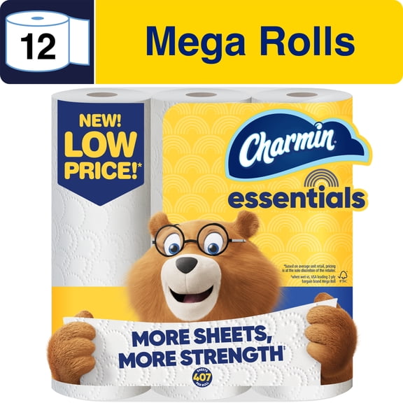 Charmin Essentials Toilet Paper 12 Mega Rolls, 407 Sheets per Roll