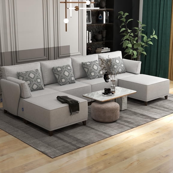 Chromcraft 6 Seats Large Sectional Modular Couch 32" Deeper Seat Sofa U Shape Sofa Couch Convertible Modern Comfy Sectional Chaise Sleeper Sofa for Living Room(Light Grey)