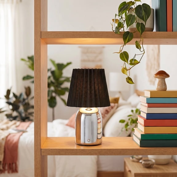 Mainstays 11" Chrome Rechargeable LED Portable Lamp with Dimmable Touch Sensor and Black Linen Shade
