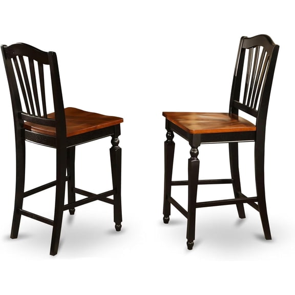 CHS-BLK-W Chelsea Counter Height Barstools - Slat Back Wooden Seat Chairs, Set of 2, Black & Cherry