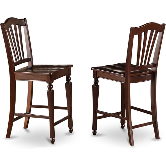 CHS-MAH-W Chelsea Counter Height Barstools - Slat Back Wooden Seat Chairs, Set of 2, Mahogany
