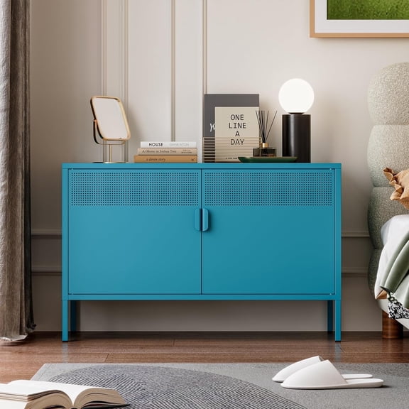 CHSHIN 25"H Modern Metal Locker Storage Cabinet with 2 Doors for Home ＆ Office,2-Tier Tv Stand,Blue