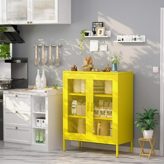 CHSHIN 40" H Yellow Metal Storage Cabinet with 2-Mesh Doors for Home,Office,Coffee Bar(Width:31.5")