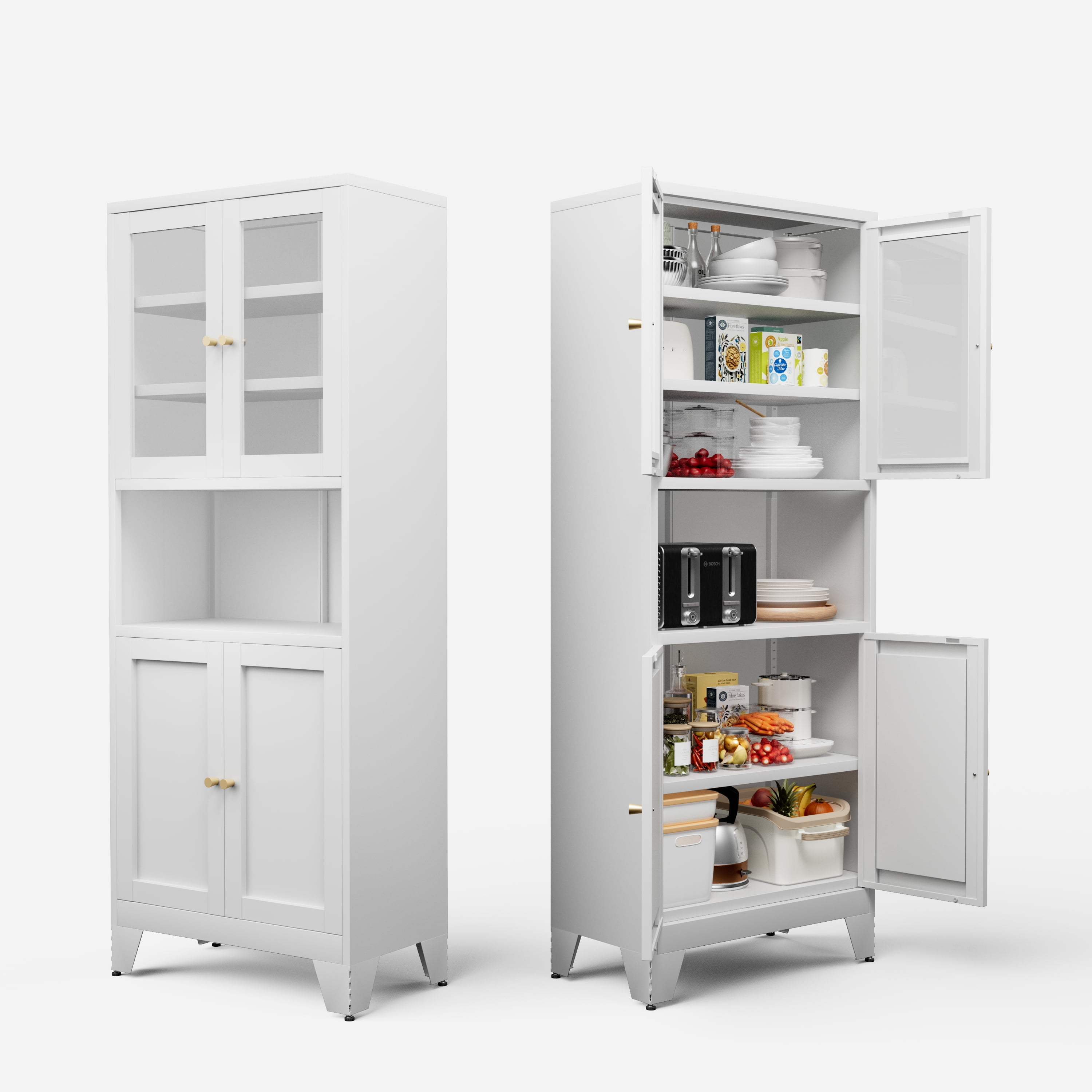CHSHIN 69"H Metal Pantry Storage Cabinet,Modern Display Cupboard with Glass Doors for Kitchen,White