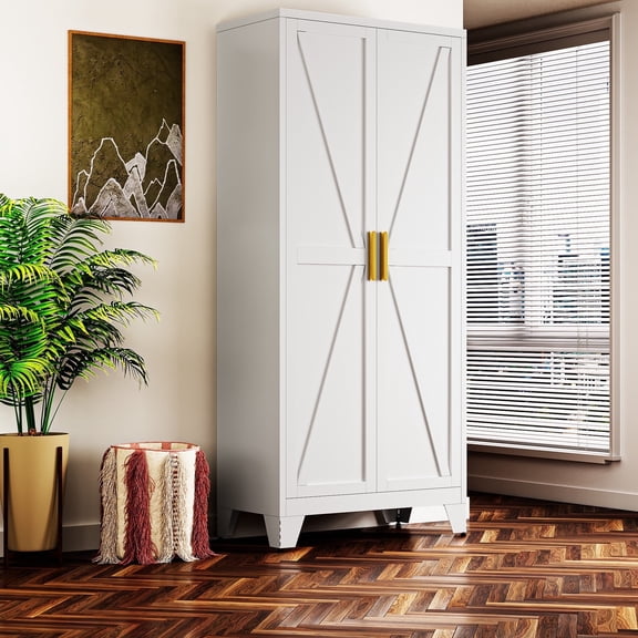 CHSHIN 71"H Farmhouse Pantry,5-Tier Metal Storage Cabinet with Barn Doors for Kitchen,Home,White