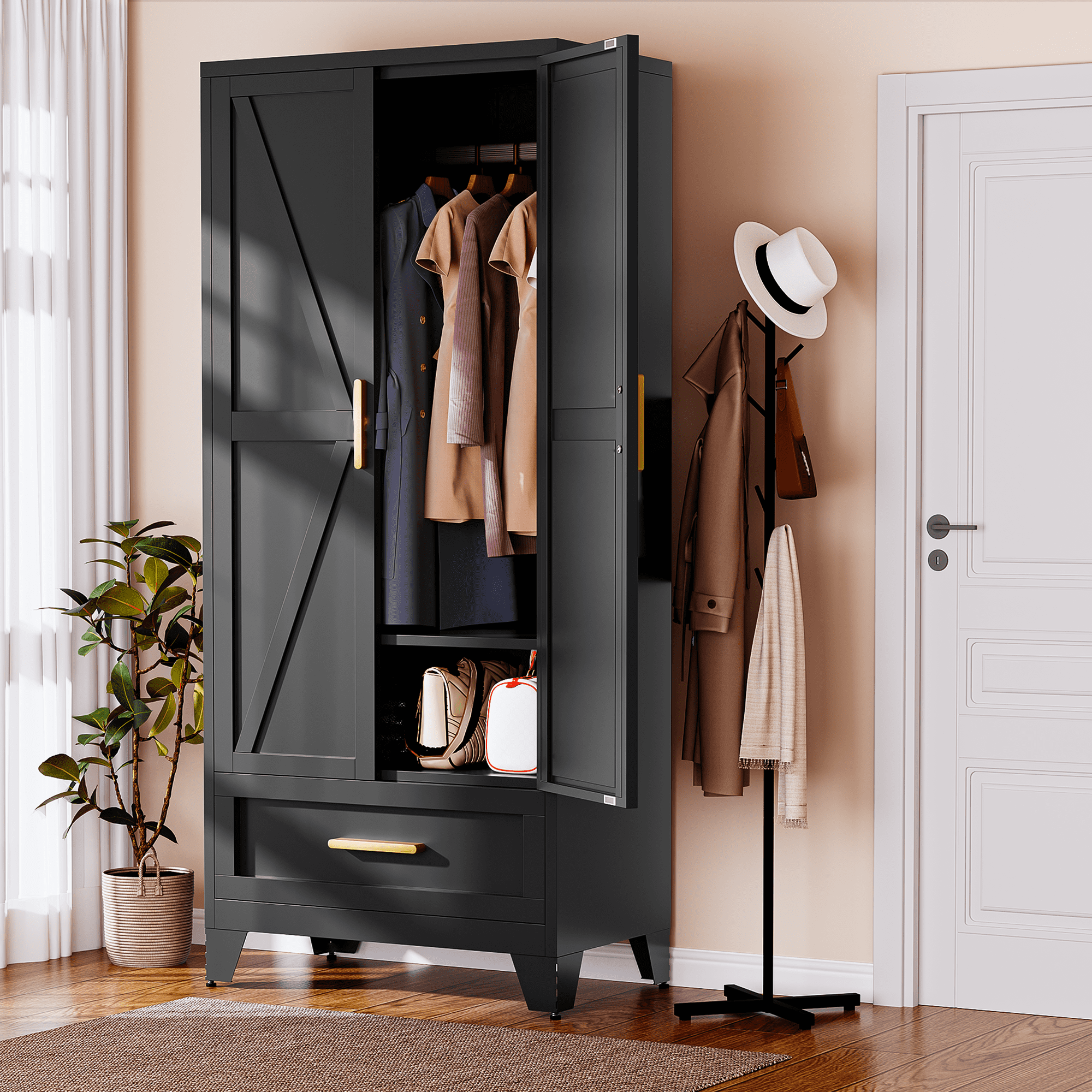 black wardrobe dresser FUFU&GAGA Black Wood 35.5 in. W Armoires Wardrobe With Mirror, Pulling Hanging Rod, Drawers, Shelves 15.8 in. D x 70.8 in. H