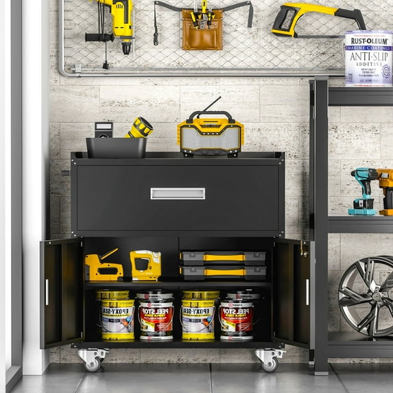 CHSHIN Metal Garage Storage Cabinet with Wheel,Lockable Rolling Tool Chest for Garage,Workshop,Black