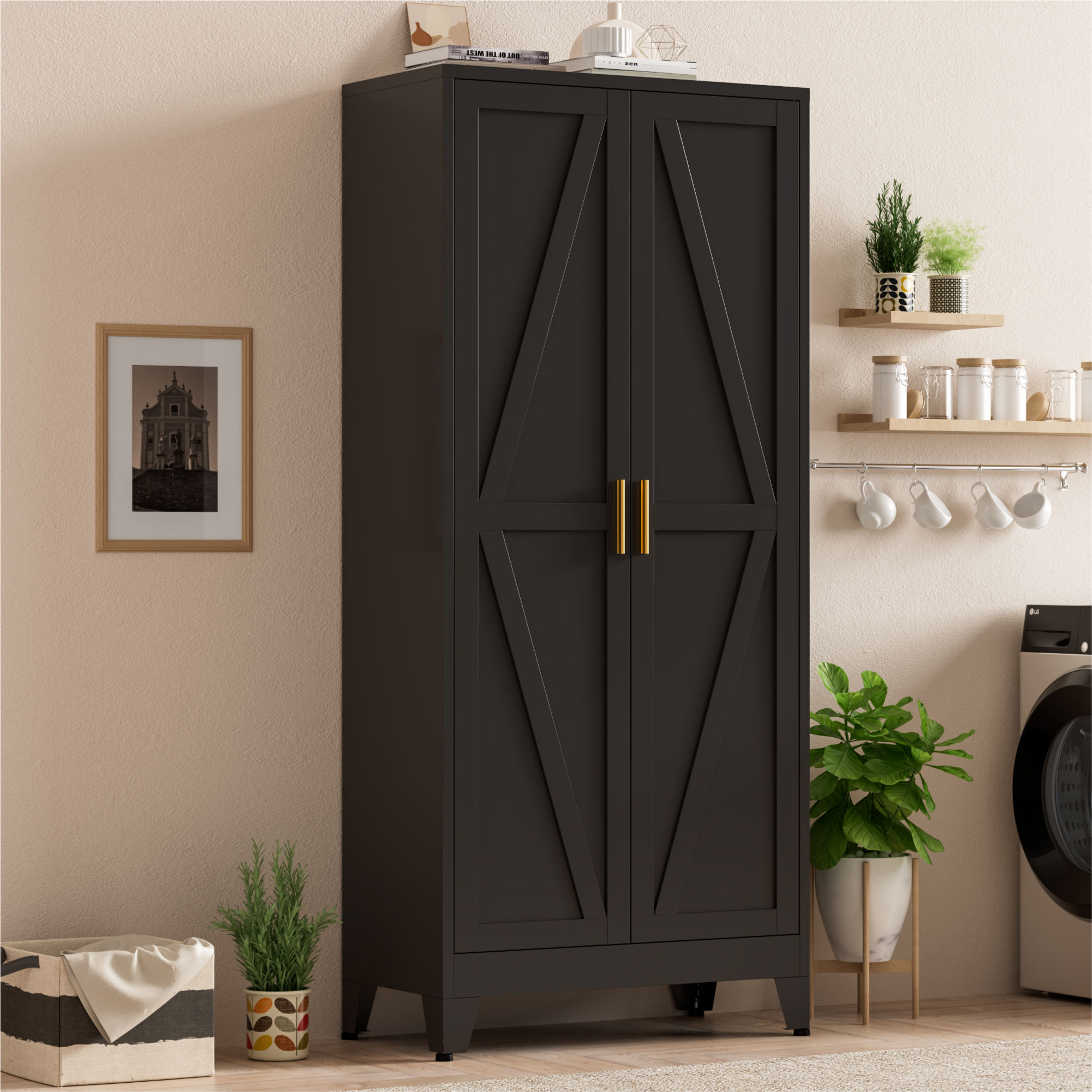CHSHIN Metal Kitchen Pantry Cabinet,71" Black Farmhouse Storage Cabinet with 2 Vintage Barn Doors and 4 Adjustable Shelves, Rustic Freestanding Cupboard for Kitchen