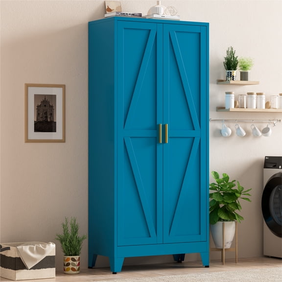 CHSHIN Metal Kitchen Pantry Cabinet, 71" Blue Farmhouse Storage Cabinet with 2 Vintage Barn Doors and 4 Adjustable Shelves, Rustic Freestanding Cupboard for Kitchen