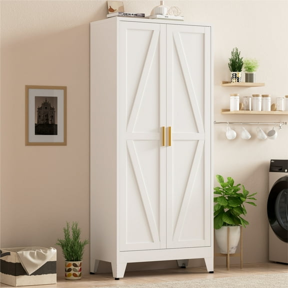 CHSHIN Metal Kitchen Pantry Cabinet,71" White Farmhouse Storage Cabinet with 2 Vintage Barn Doors and 4 Adjustable Shelves, Rustic Freestanding Cupboard for Kitchen