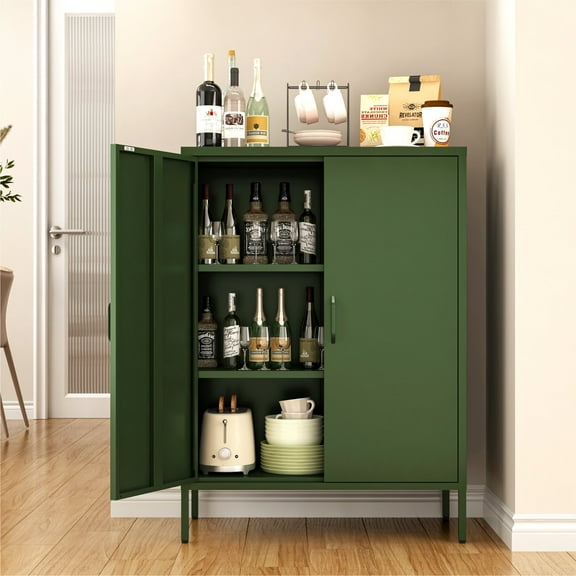 CHSHIN Metal Locker Cabinet, Green Accent Storage Cabinets with 2 Doors And Adjustable Shelves, 3 Tier Modern Storage Freestanding Sideboard for Living Room,Office Home Kitchen and Coffee Bar