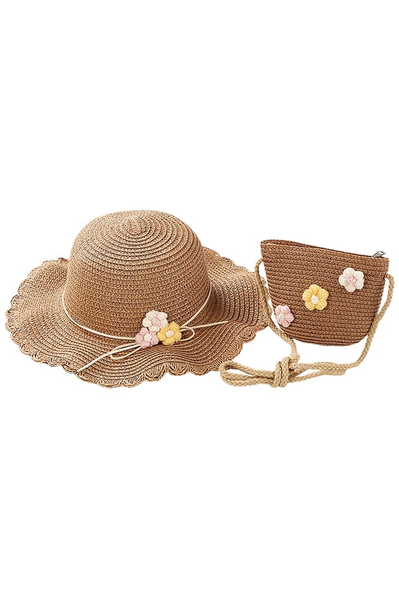 [CHSJU] Fresh Flower Straw Sun Hat with Woven Bag 2Pcs Set Beach Accessories for Girls Outdoor Vacation