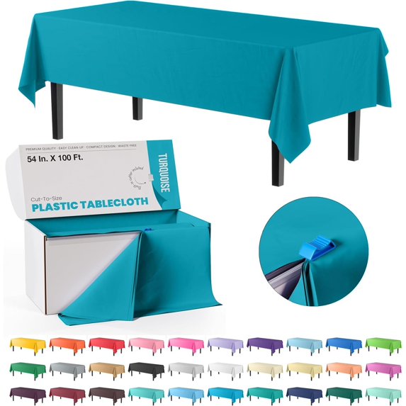 CHSP 54 Inch X 300 Feet White Plastic Table Cover Roll in A Cut - to - Size Box with Convenient Slide Cutter. Cuts Up to 36 Rectangle 8 Feet Plastic Disposable Tablecloths