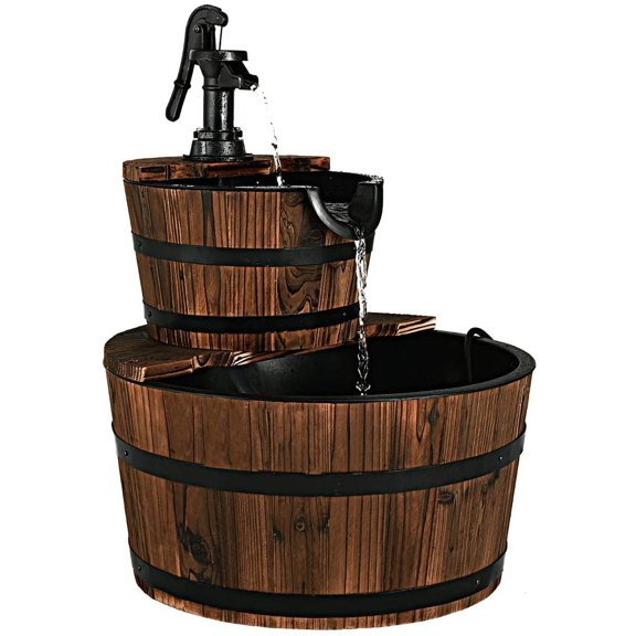 CHTER 2-Tier Barrel Waterfall Fountain Outdoor, Rustic Wood Barrel Cascading Water Fountain with Electric Pump, Outdoor Water Feature with Decorative Hand for Garden Patio Backyard Lawn Porch