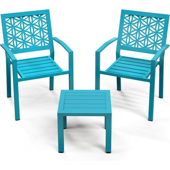 CHTER 3-Piece Outdoor Bistro Set, Stackable Modern Metal Steel Table and Chairs with Rust-Resistant Coating, Small Patio Furniture Conversation Set for Porch, Deck, Balcony, Garden, Blue