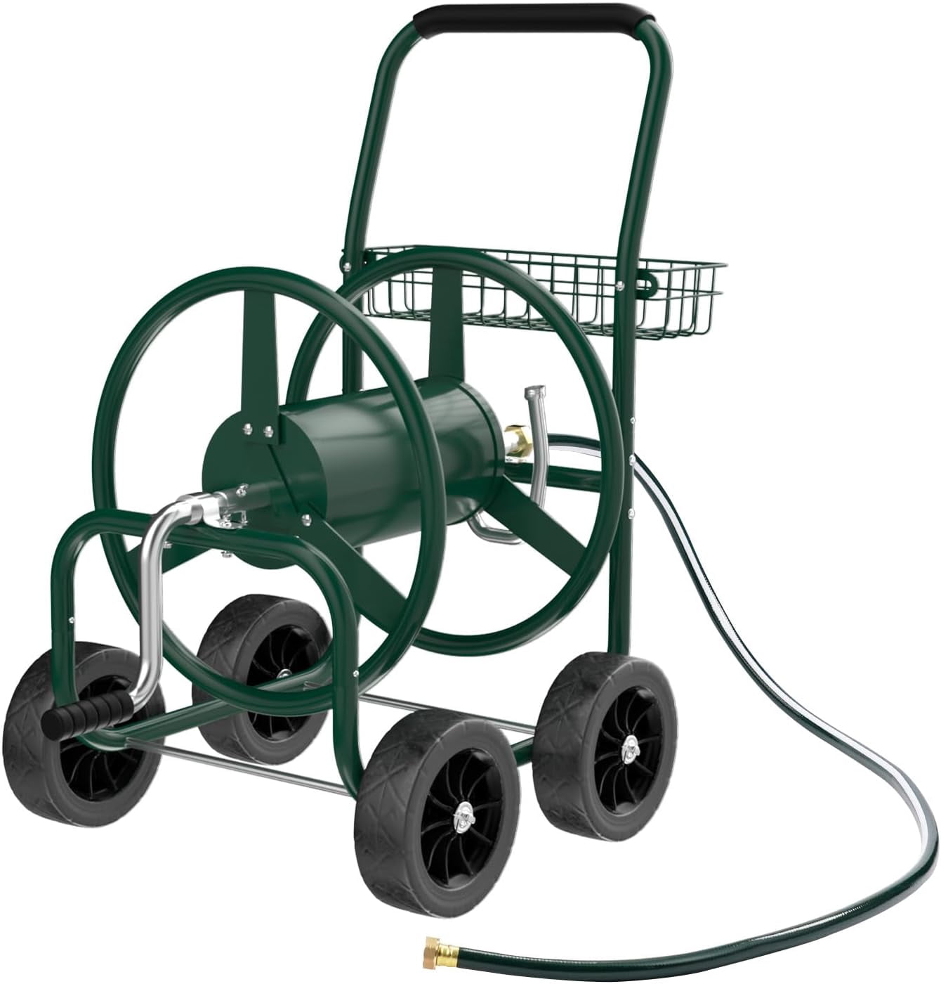 CHTER 4-Wheel Garden Hose Reel Cart with Storage Basket, Portable Residential Hose Reel Cart, Lawn Watering, for Garden Backyard and Farm (Green 250FT)