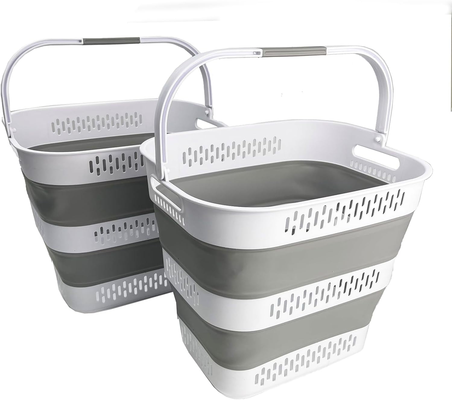 CHTER 40L (10.5 Gallon) Collapsible Plastic Laundry Basket with Handles - Foldable Pop Up Storage Container/Organizer - Portable Laundry Hamper - Space Saving (2, White/Grey)
