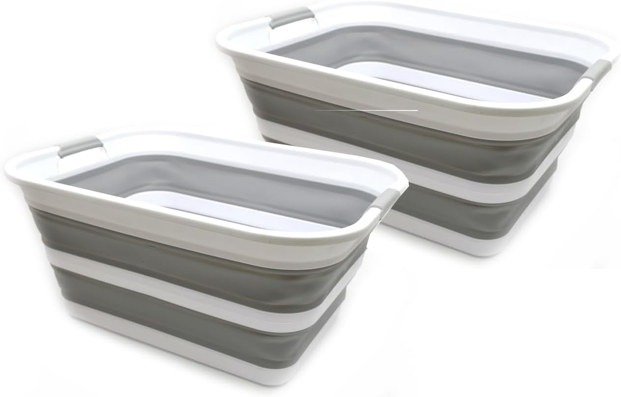 CHTER 42L Set of 2 Collapsible Plastic Laundry Basket - Foldable Pop Up Storage Container/Organizer - Portable Washing Tub - Space Saving Hamper/Basket (Grey, 2)
