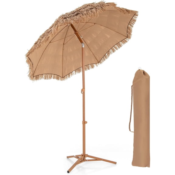 CHTER 6.5FT Tiki Patio Umbrella with Base - Hawaiian Style Tilt Beach Umbrella w/8 Ribs, Foldable Stand, Carry Bag, Tropical Palapa Grass Pool Umbrellas, Hula Thatched Tiki Umbrella Outdoor Patio