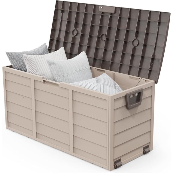 CHTER 75 Gallon Outdoor Storage Box, Lockable Plastic Storage Containers with Lid, Patio Deck Box Furniture for Garden, Pool, Balcony, Yard (Coffee)