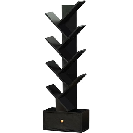 CHTER 8 Tier Tree Bookshelf with Drawer, Free Standing Wood Bookcase for Living Room, Bedroom, Home Office, Space Saving Storage Organizer Bookshelves for Books, CDs, Vinyl Records- Black