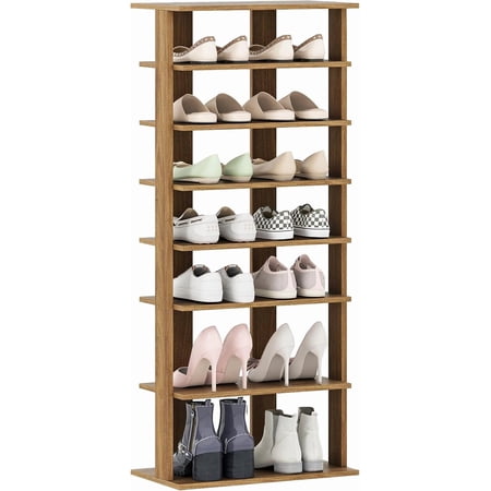 CHTER 8-Tier Wooden Shoe Rack, Patented Double Row Shoe Organizer for 16 Pairs, Customizable Height, Space-Saving Shoe Storage Stand for Entryway, Hallway, Living Room, Bedroom, Natural