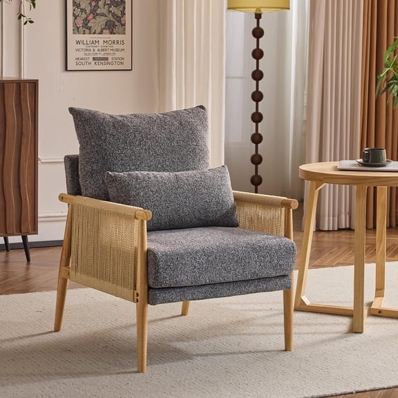 CHTER Boho Braid Accent Armchair,Mid-Century Modern Chiar with Solid Wooden Armrest,Comfy Louge Cushion Chair with Waist Pillow for Bedroom,Living Room,Reading Room, Gray