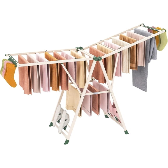 CHTER Clothes Drying Rack, Foldable Metal Laundry Drying Rack with Height Adjustable Wings, 16 Drying Rails, Sock Clips & Shoe Racks, Freestanding Clothing Stand for Indoor & Outdoor, Beige
