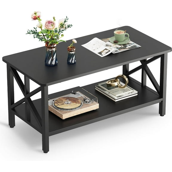 CHTER Coffee Table for Living Room, 39" Modern 2-Tier Center Table with Round Corners, Storage Shelf, Farmhouse Style Small Coffee Table with Metal Frame, Black