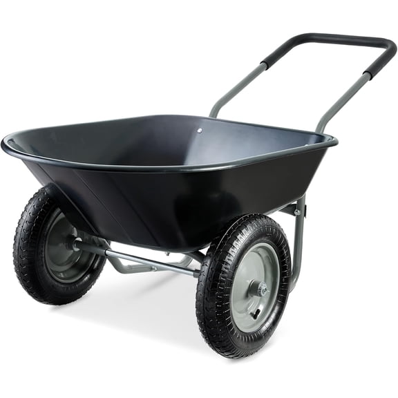 CHTER Dual-Wheel Home Utility Yard Wheelbarrow Garden Cart w/Built-in Stand for Lawn, Gardening, Construction - Black