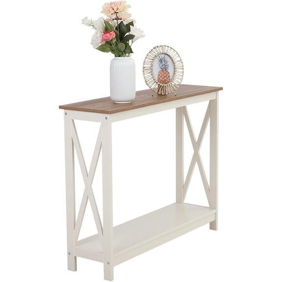 CHTER Farmhouse Console Table with Storage Shelf, 2 Tier Sofa Table for Entryway, Hallway, Living Room, Ivory