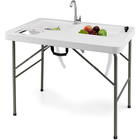 CHTER Fish Cleaning Table w/ 2 Sinks, Faucet, Hose Hook Up, Portable Folding Camping Table w/Measure Mark, Outdoor Fillet Cleaning Station for Fishing Beach Picnic (with Water Hose Holder)