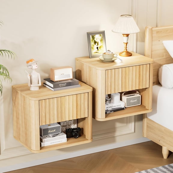 CHTER Floating Nightstand Set of 2, Fluted Nightstands Rounded Edge, Oak Nightstand with 1 Drawer and 1 Shelf, Wall Mounted Night Stand for Bedroom, Wood Bed Side Table Fluted Side Table/End Table