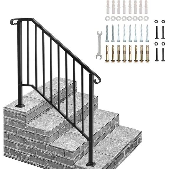 CHTER Handrails for Outdoor Steps, 3 Step Stair Hand Rail Kit, Transitional Wrought Iron Railings with Installation Kit, Stair Rails for Seniors, Concrete Steps & Porch & Deck(Black)