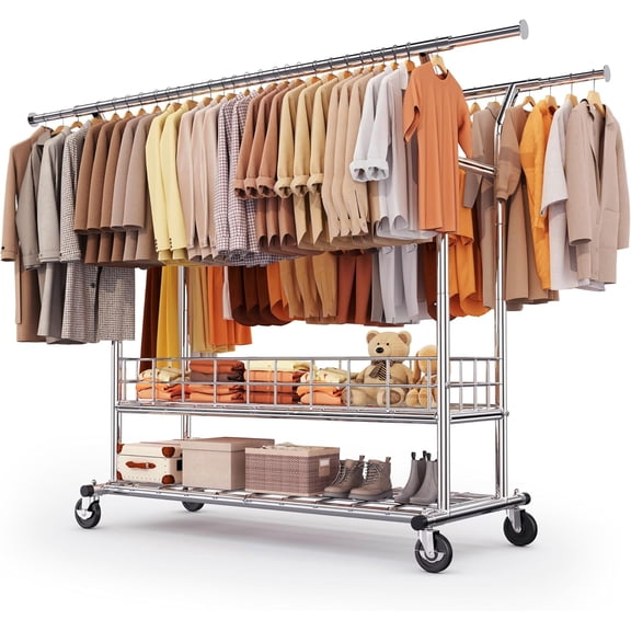 CHTER Heavy Duty Clothes Rack Load 635 LBS, Clothing Rack for Hanging Clothes Adjustable Rolling Garment Rack with Wheels for Bedroom, Living Room (Double Rod with Metal Basket)