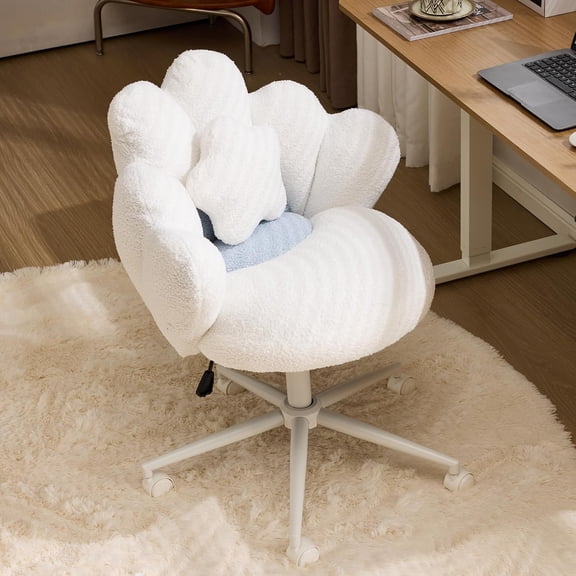 CHTER Lovely Petal Vanity Desk Chair with Star Pillow, Height Adjustable Armless Swivel Chair in Vibrant Color-Blocking, Modern Computer Task Chair for Bedroom & Home Office, Teddy Fleece,White